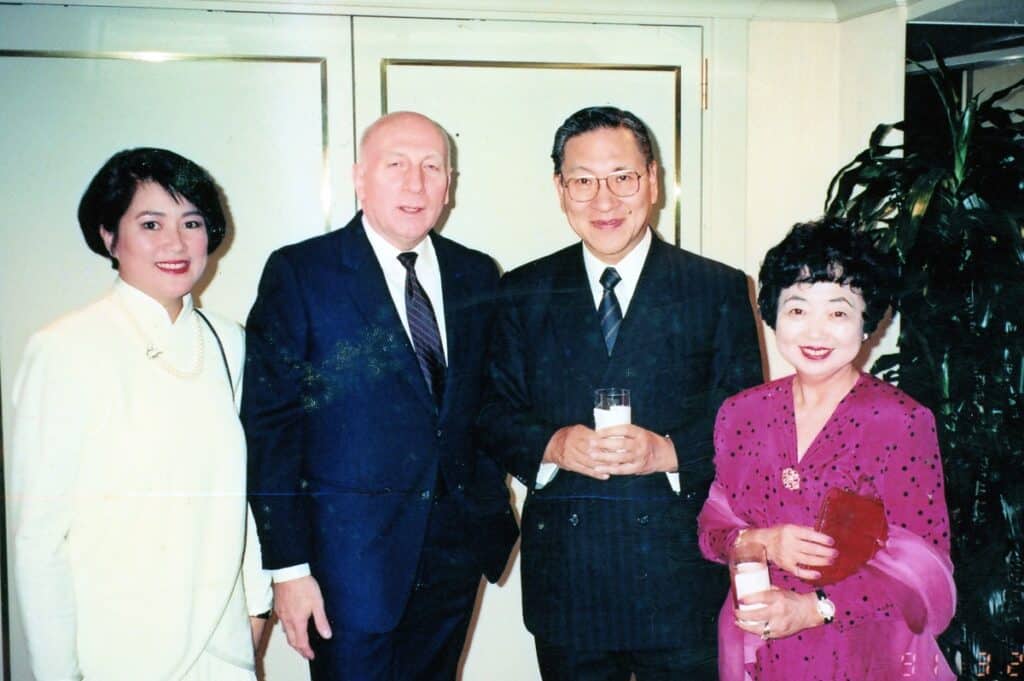 The great Norio Ohga (center-right) with his wife Midori (right) at a gala dinner