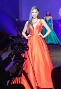 Miss Universe Japan 2020 candidate wearing red dress