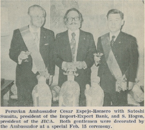 Peruvian Ambassador Cesar Espejo-Romero, Satoshi Sumita, S. Hogen
Party in February 1978. hosting special decoration ceremony at embassy