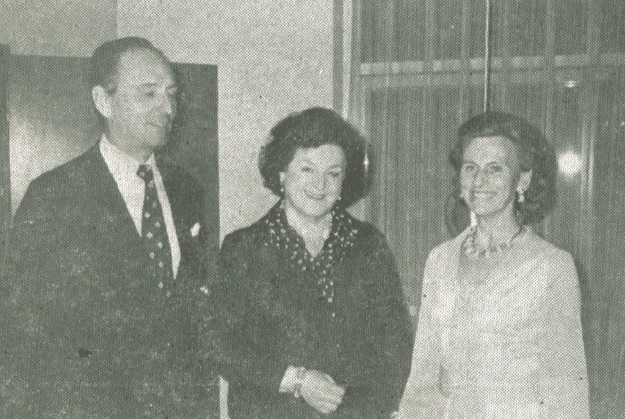 Swedish soprano Birgit Nilsson poses between Sweden's Ambassador and Mrs. Bengt Odevall; at the Swedish Embassy reception.