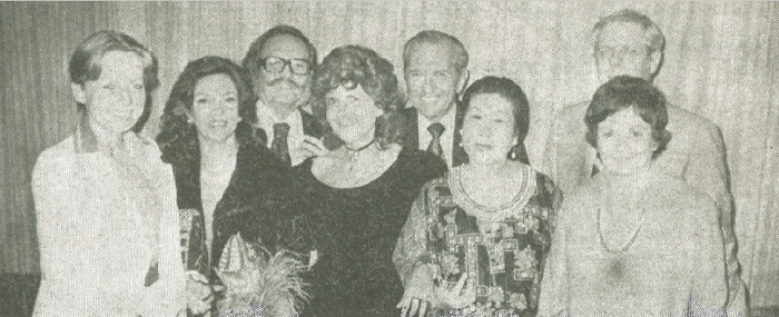 Masako Ohya and her friends enjoy the 20th Century Fox movie, "The Turning Point." From left: Michaela von Habsburg, Marita Pastuszynski, Peruvian Ambassador Caesar Espejo Romero, Katie and Charlie Hagedorn and William and Mary Sherman (he's the U.S. Minister-Counsellor).