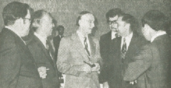 Cuban Ambassador Jose Menchero, Ambassador Noboyuki Nakashima, Ambassador Mansfield and Soviet Ambassador Dmitrii Polyanskii with his interpreter.