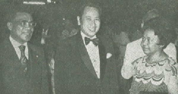 Madagascar Ambassador (left) and Mme. Aplinaire Andriatsiafajato congratulae Garuda Airline's Tokyo chief, J.S. Voerman, on his country's National Day.