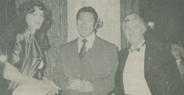 Lofty New Yorker Patricia Snaric looms over Japan's pro-wrestling hero Antonio Inoki and Weekender's Bill Hersey.