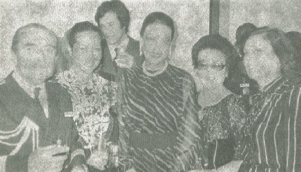 Capt. Pierre Gayno, French Military Attache; Terangi Legeay; hostess Catherine Bonalumi; Mrs. Abe, wife of Admiral Abe, Yokosuka commander, and Jenine Gayno.