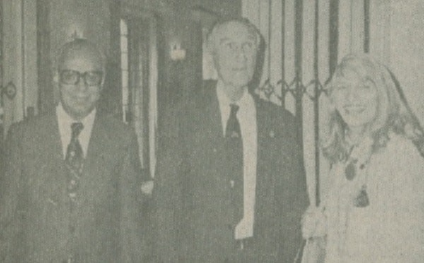 U.S. Ambassador to Japan Mike Mansfield flanked by Indian Ambassador V.K. Ahuja and his wife Ameena.