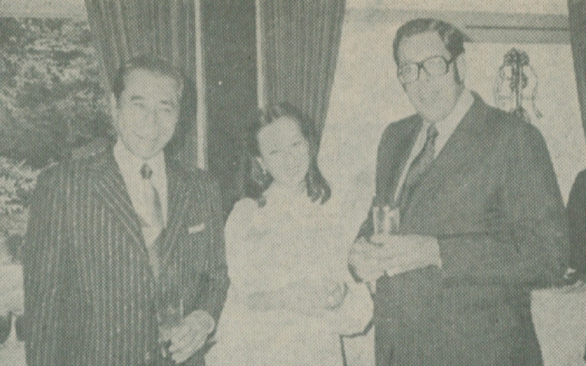 Toshiro Mifune, Mika Kitagawa and Cuban Ambassador Jose A. Guerra at the French Embassy.