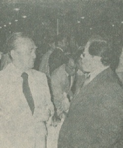 Isao Abe, Grand Master of Ceremonies for Japan's Imperial Household chats with Malaysian Ambassador Taik Choon Lim.