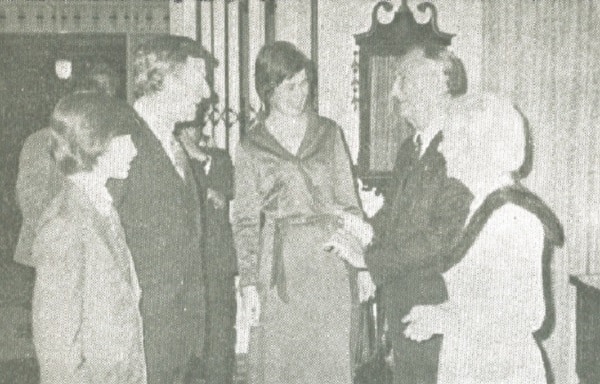 Ambassador and Mrs. Mike Mansfield greet Sen. William Roth, his wife and their son Bud.