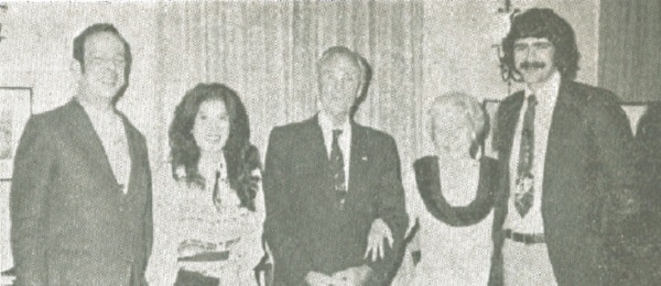 Ambassador and Mrs. Mike Mansfield pose with Sam Jameson of the Los Angeles Times, Hiroko Watanabe and Mike Tharp of the New York Times.