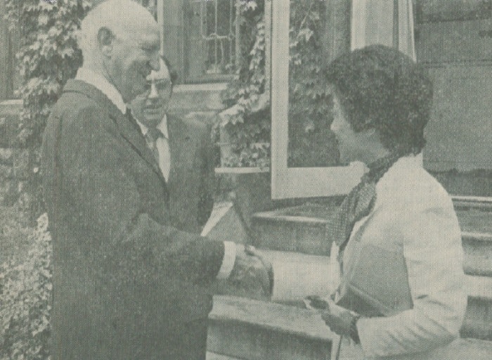 Australian Ambassador Sir James Plimsoll greets Mrs. Hisanaga Shimazu (former Princess Suga, youngest daughter of His Majesty the Emperor of Japan) at the annual spring garden party at the Australian Embassy