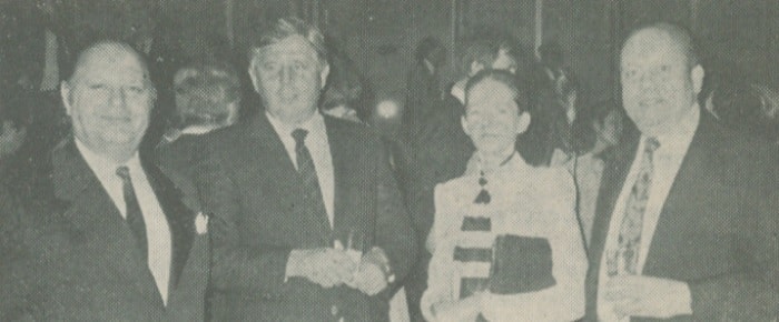 Rolf Schreiber (AEC-Telefunken), Dr. Karl Herman Peters (Hoechst), Monika Schreiber and Paul Mueller, executive chef of the Keio Plaza Hotel