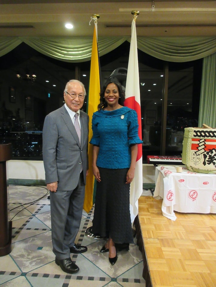 Tatsushi Ueshima, Chairman of the AJIJC (Association of Japanese Importers of Jamaican Coffee)/ Honorary Chairman of UCC Ueshima Coffee Co., Ltd. and Jamaican Ambassador, Ms.Shorna-Kay Richards.