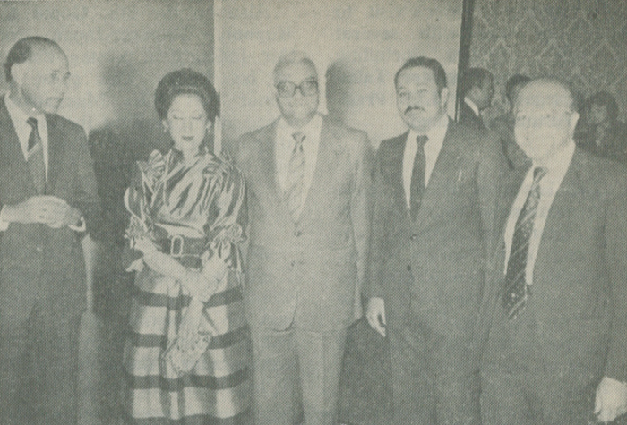 The host, Egyptian Minister Plenipotentiary Saad Azzam; the guests of honor, Minister of Tourism and Mrs. Tawfiq Abdou Ismail; Egyptian First Secre-ary Mohamed El Dorghamy, and Esmat Gammal, head of the MISR Travel Office in the Far East
