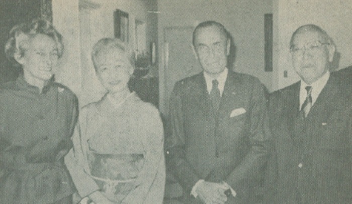 The hostess, Francoise Verwilghen; Madame Shoda; the host, Belgian Ambassador Jean Verwilghen, and Hidesaburo Shoda. The Shodas are the parents of HIH Crown Princess Michiko. 