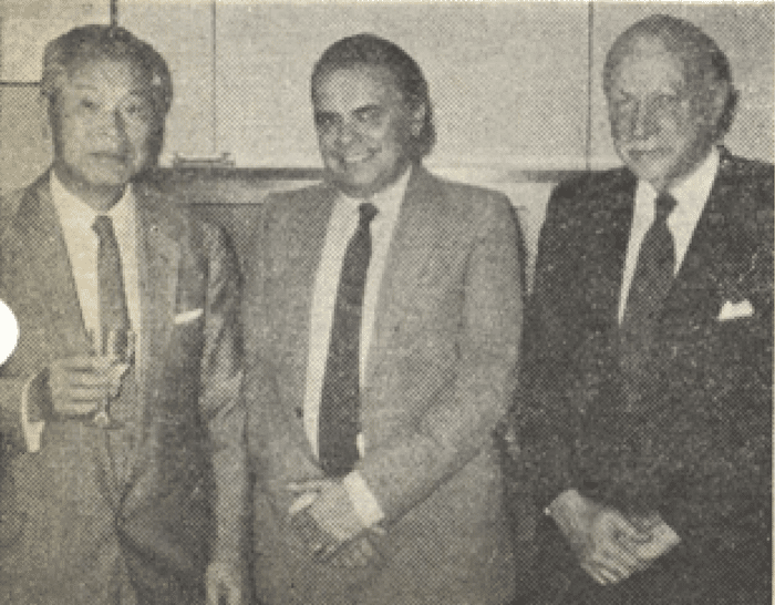 Satoshi Sumita, Governor of the Bank of Japan; Uruguayan Minister of External Affairs Enrique V. Iglesias, and Uruguayan Ambassador Aureliano Aguirre.