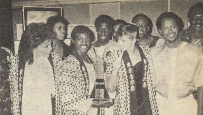 The beautiful Vanessa Williams with Robert Kool, popular actress Phoebe Cates and the members of Kool and the Gang... with the Gang's Grand Prize Trophy