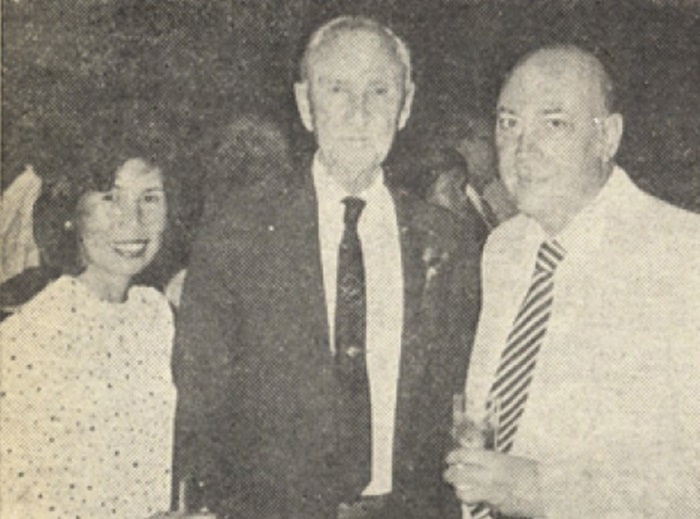 U.S. Ambassador Mike. Mansfield poses with George and Junko Vajda at the American Club Fourth of July reception.