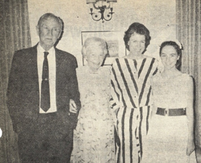 The host and hostess, U.S. Ambassador Mike Mansfield and his wife Maureen, their daughter Anne Marris and grand-daughter Caroline, visiting from London