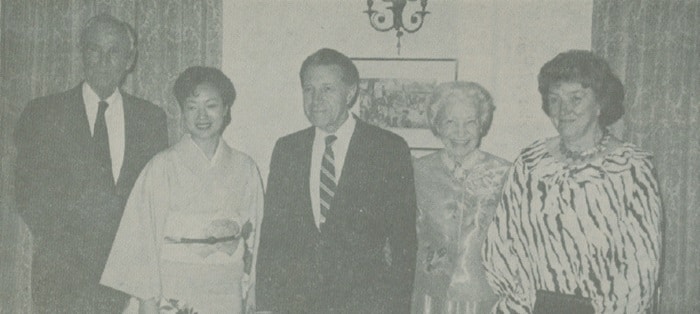 The host, U.S. Ambassador Mike Mansfield; Mrs. Koiji Kato, wife of the Director of the Japan Defense Agency; the guest of honor, U.S. Secretary of Defense Caspar Weinberger: the hostess, Maureen Mansfield, and Jane Weinberger