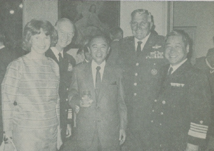 Admiral and Mrs. Paul McCarthy (he's Commander of the U.S. Seventh Fleet) ; Shinji Yazaki, Vice Minister of the Japan Self Defense Force; Lt. Gen. Edward Tixier, Commanding General, U.S. Forces Japan and Fifth Air Force, and Admiral Hiroshi Nagata, Chief of Staff of the Japan Maritime Self Defense Force