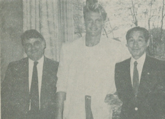 United International Pictures (UIP) execs Peter Dignan and Shigertt Musha flank actor Dolph Lundgren at a press conference he gave.