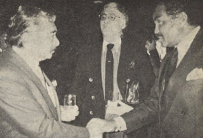 Partyliner Bill Hersey introduces Joe Jackson to popular actor Shintaro Katsu.