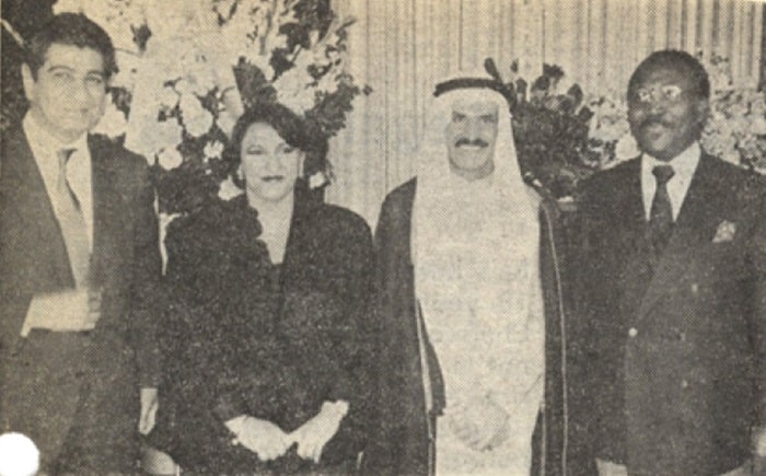 Algerian Ambassador Nacered-dine Haffad; the hostess and host, Kuwaiti Ambassador and Mrs. Abdul Mohsin S. Al-Haroun, and Central African Ambassador Jose-Maria W. Pehoua