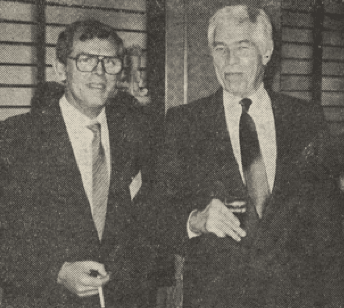Philip Morris K.K. President Guy Aelvoet with famed action actor James Coburn in Tokyo