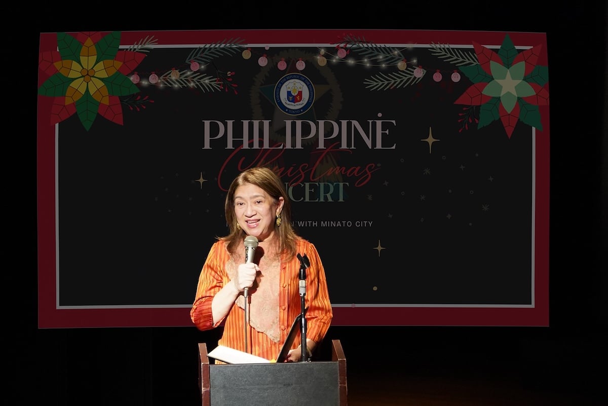 Philippine Ambassador to Japan Mylene J. Garcia-Albano during her remarks ushering in the opening of the Philippine Christmas Concert. 