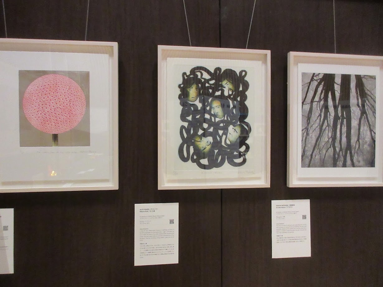 A row of framed artworks by contemporary Irish and Japanese artists displayed at the Embassy of Ireland.
