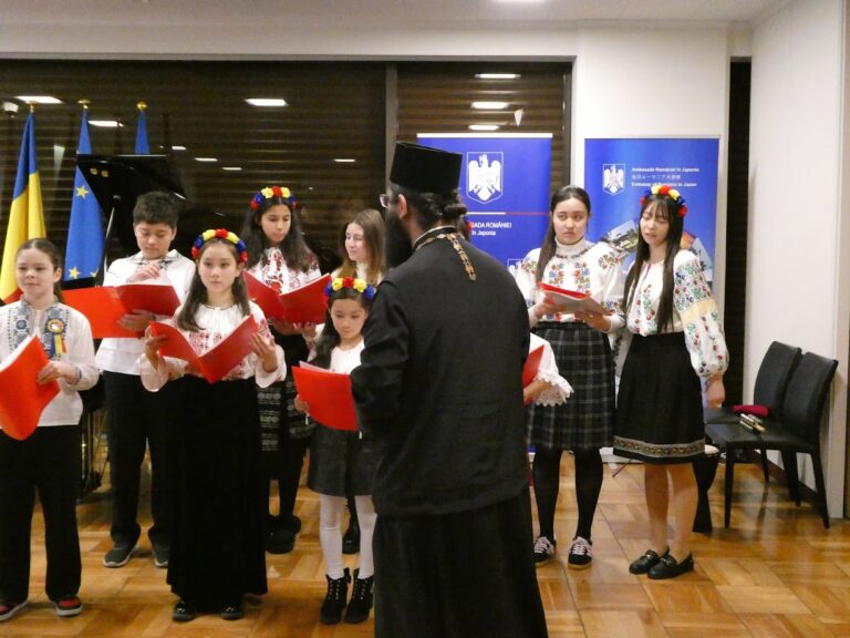 Romanian children's choir performing at the Romanian Embassy Christmas event in Tokyo..