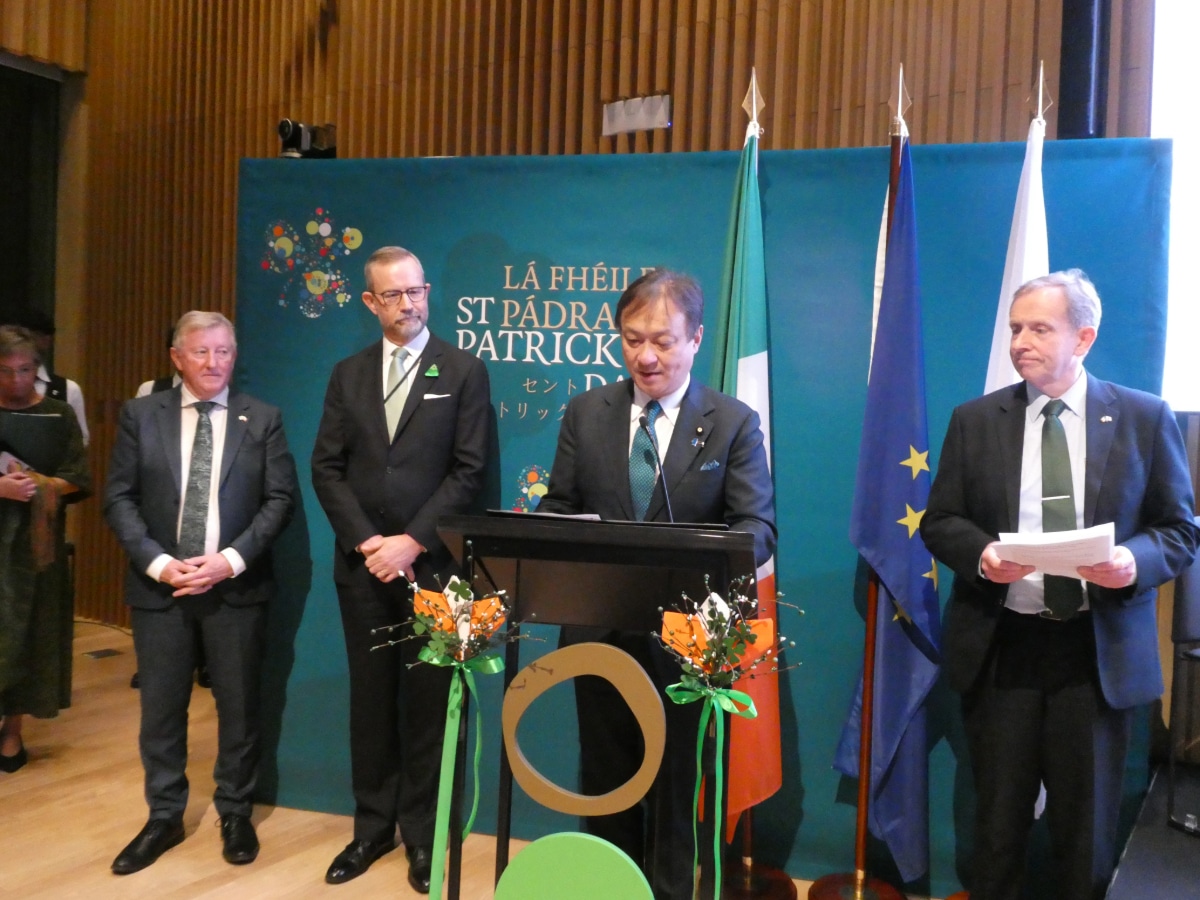 A Japanese government representative addresses guests at the Irish Embassy St. Patrick's Day event, highlighting the partnership between Ireland and Japan.