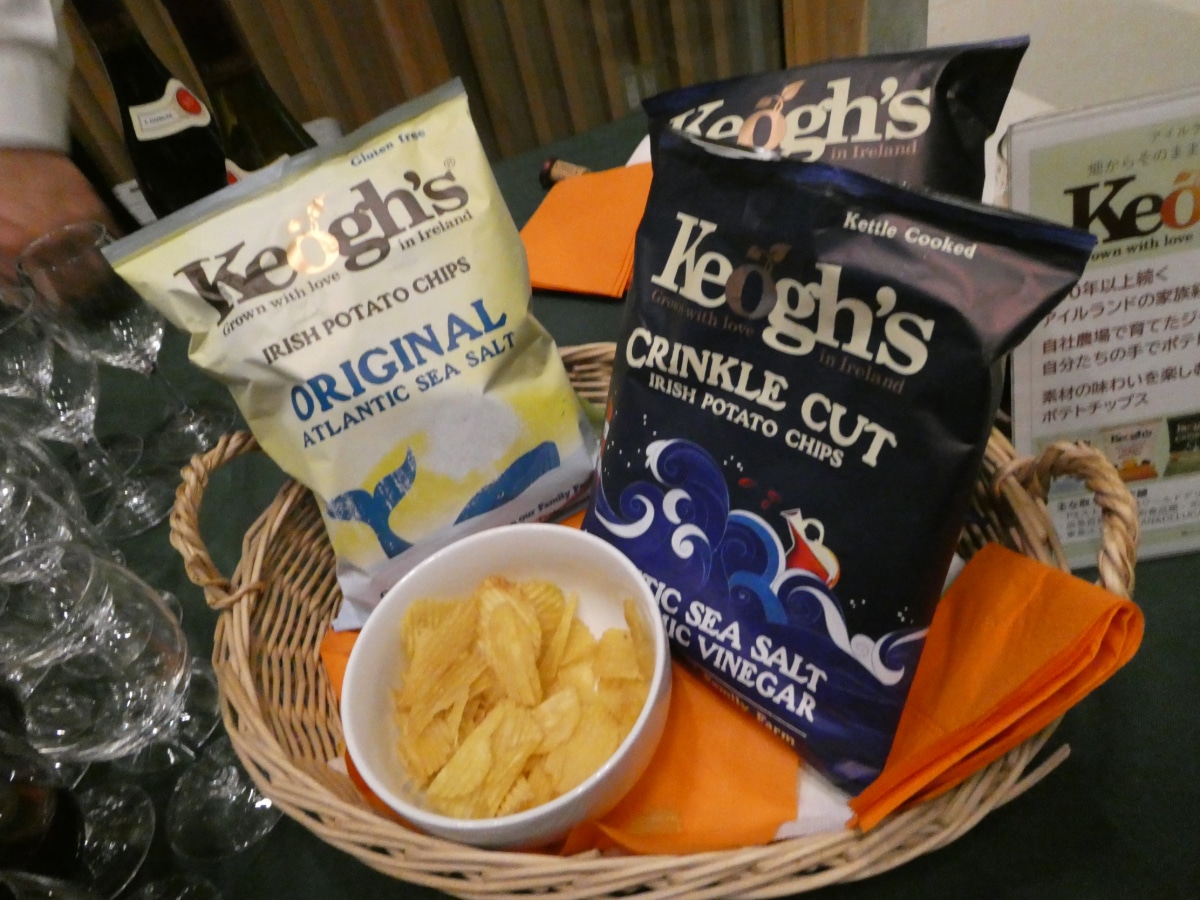 A basket of Keogh's Irish Potato Chips on display at the Irish Embassy in Tokyo, representing Irish agri-food exports to the Japanese market.