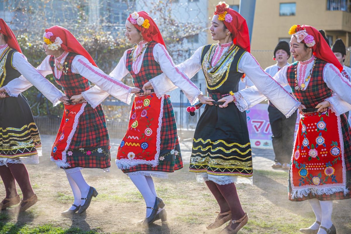 Traditional Bulgarian Horo dance performance at the Martenitsa Festival 2026 in Miyashita Park, Shibuya.