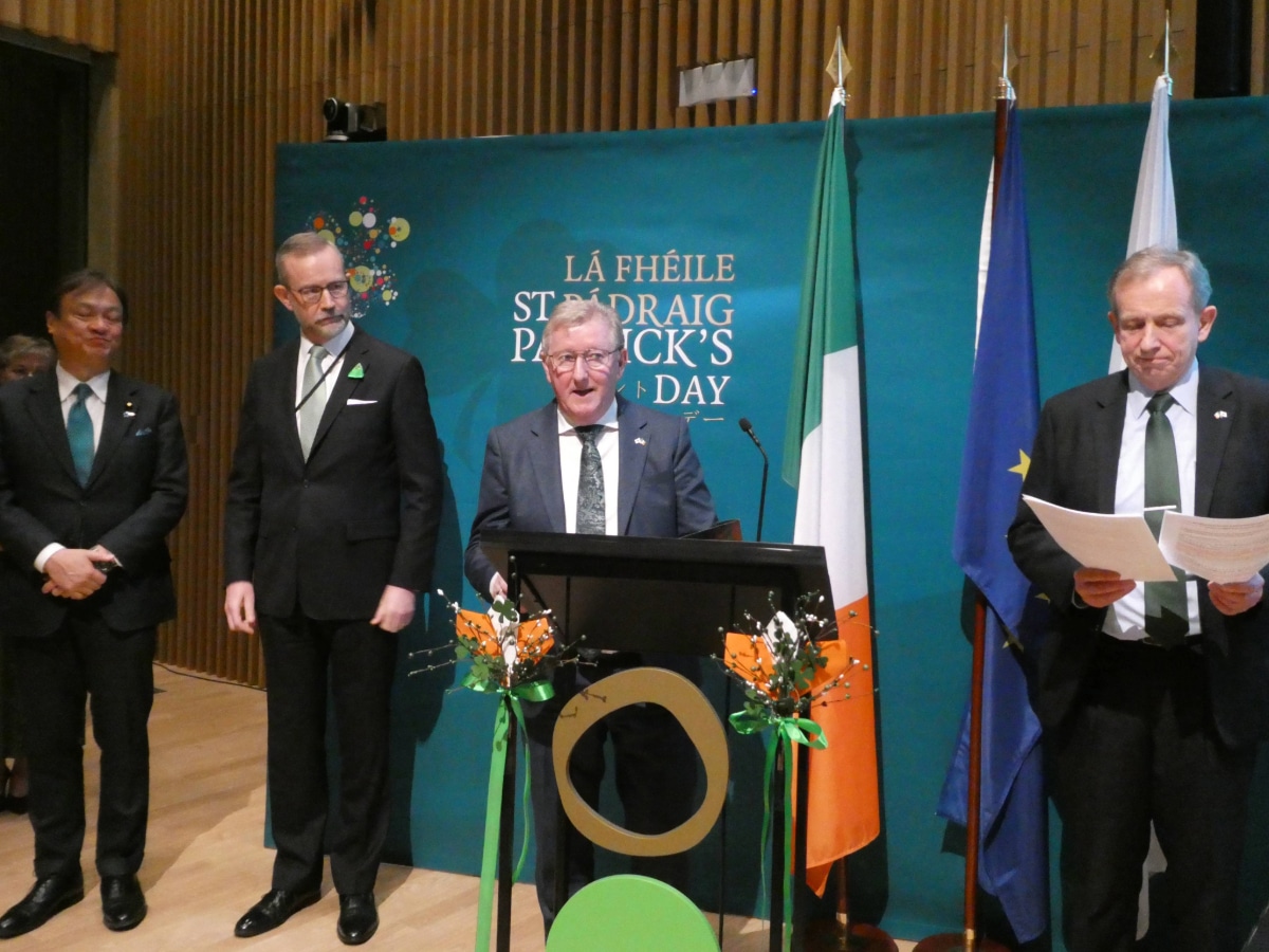 Minister Sean Canney speaking at the podium during the St. Patrick's Day 2026 reception at the new Irish Embassy in Tokyo.