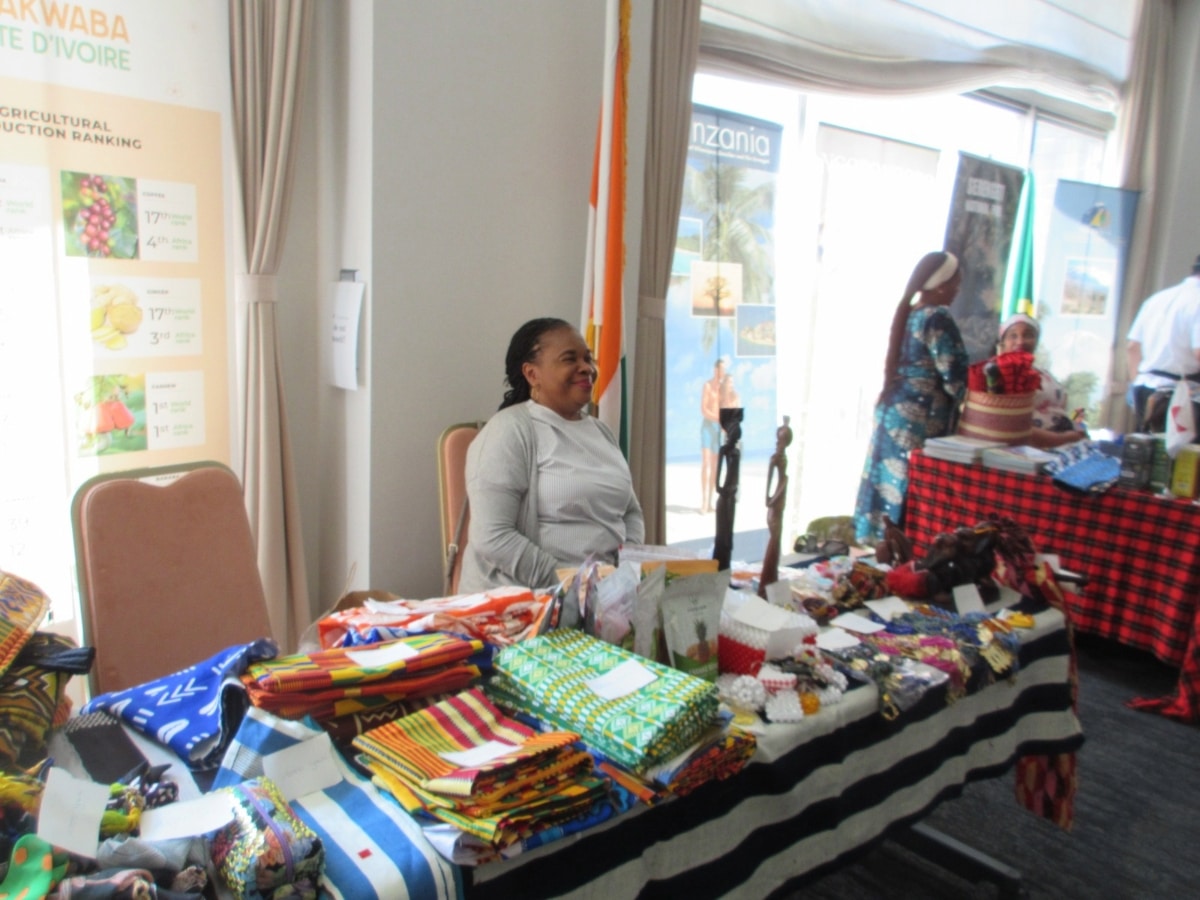 Colorful African print fabric booths at the Africa Up Close Bazaar in Tokyo hosted by the Association of African Ambassadors Wives