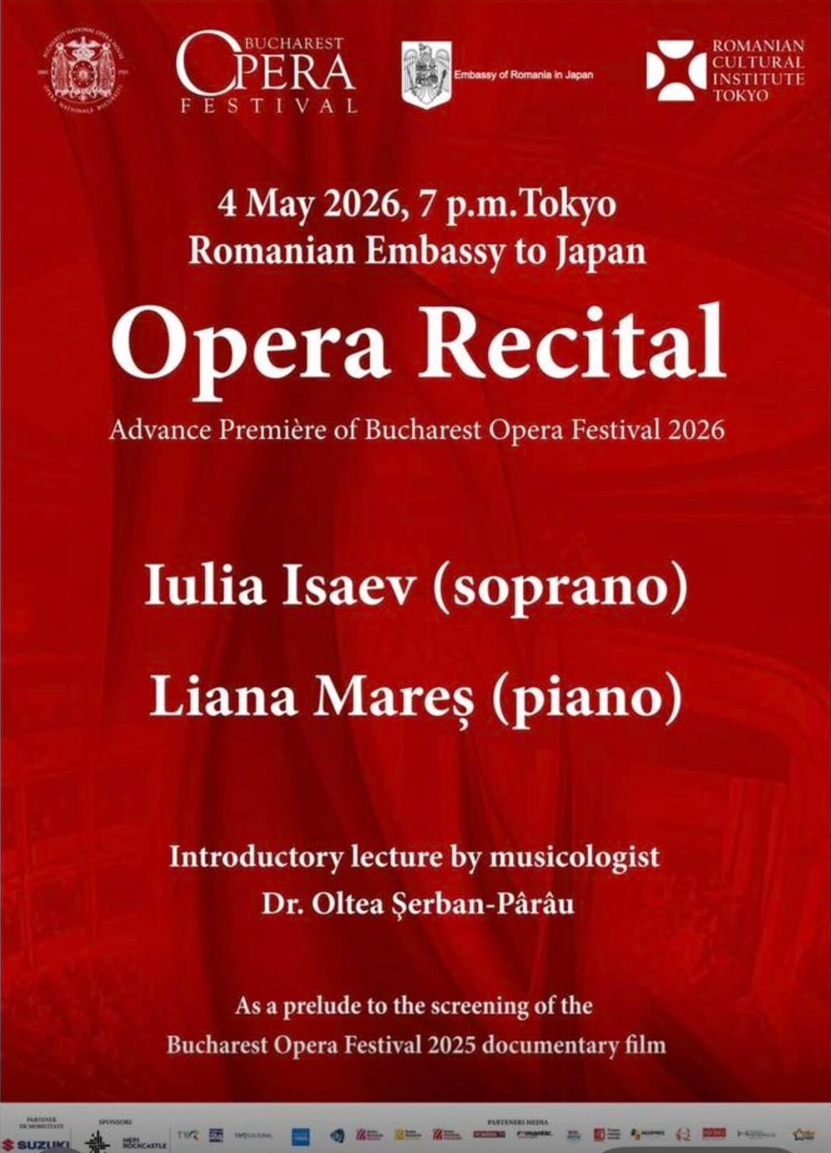Official poster of the Bucharest Opera Festival 2026 Opera Recital featuring soprano Iulia Isaev and pianist Liana Mareș at the Romanian Embassy in Tokyo, Japan
