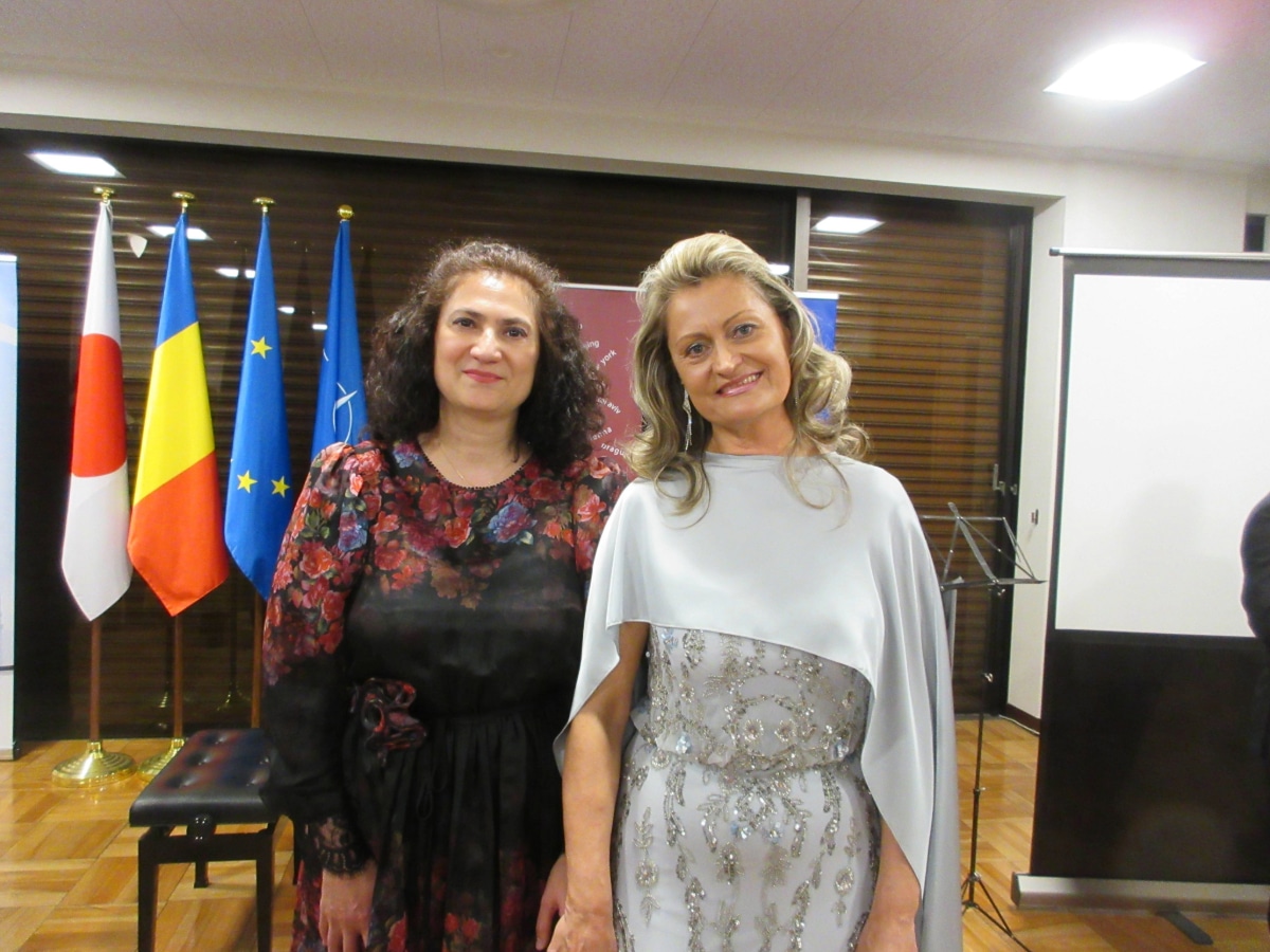 Romanian soprano Iulia Isaev and pianist Liana Mareș posing together after the Bucharest Opera Festival commemorative gala concert at the Romanian Embassy in Tokyo, Japan