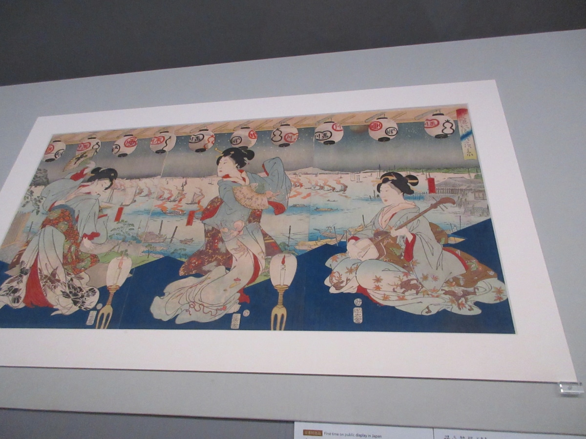 Kawanabe Kyōsai woodblock print triptych of women in kimono with paper lanterns and ships, from the Woodblock Prints chapter of the Israel Goldman Collection exhibition