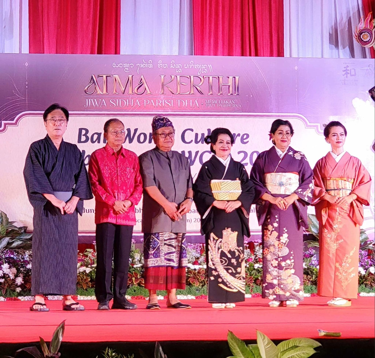Officials and kimono participants pose together at Bali Arts Festival 2026 closing