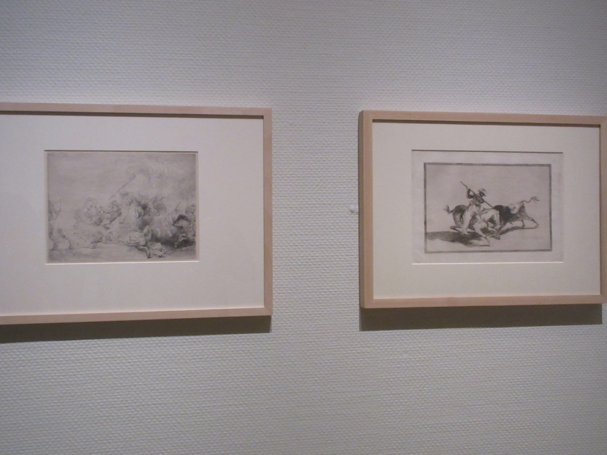 Later-generation etchings depicting a battle scene and bullfighting scene