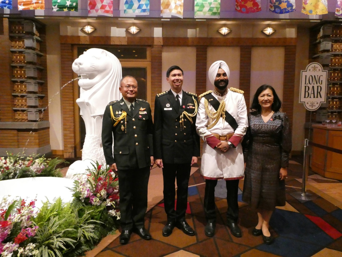 Merlion statue and Raffles Hotel Long Bar display at the Singapore Embassy's National Day reception in Tokyo